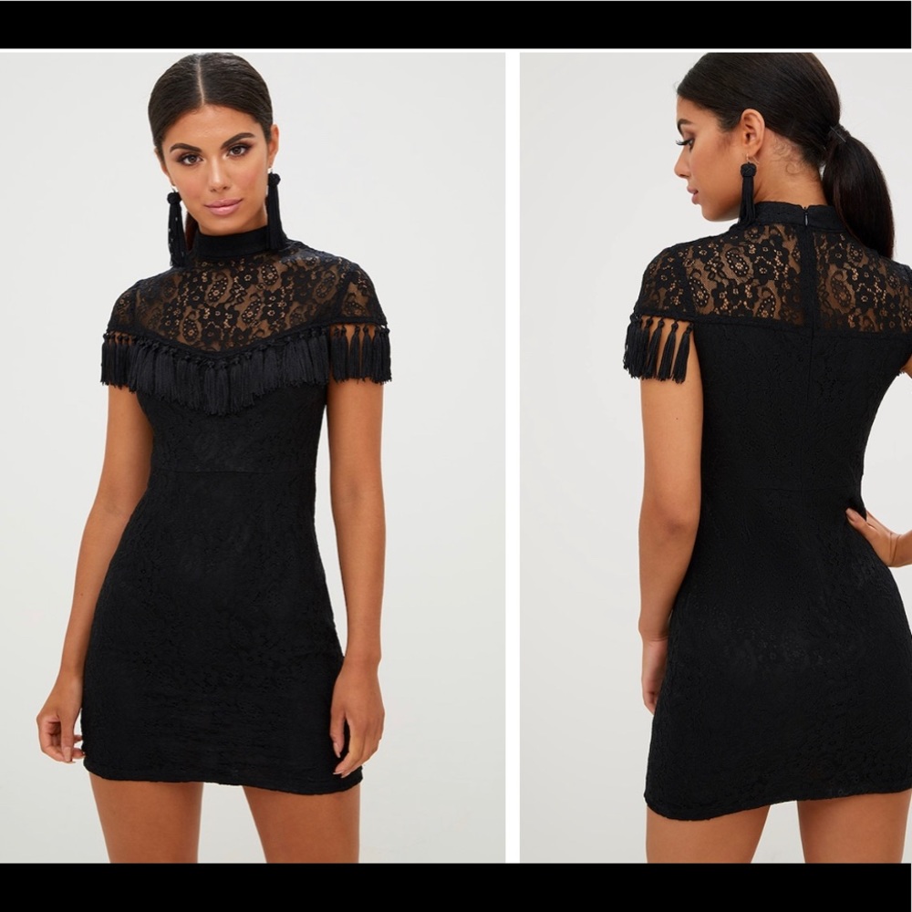 PrettyLittleThing Black Lace Tassel Detail Bodycon Dress UK 10 US 6 NWT